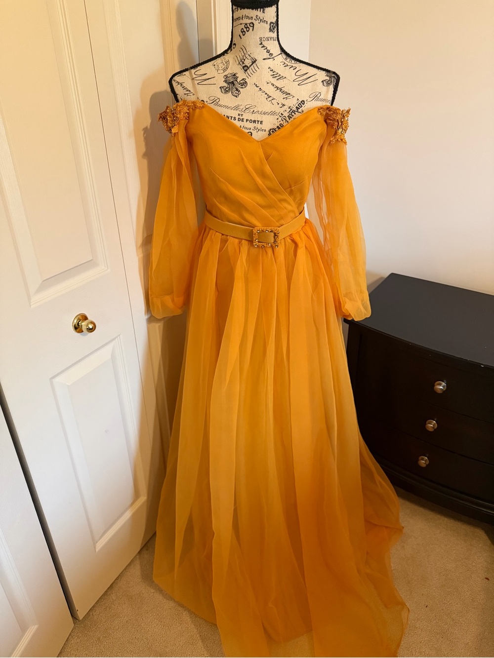 Golden Off-Shoulder Chiffon Evening Gown